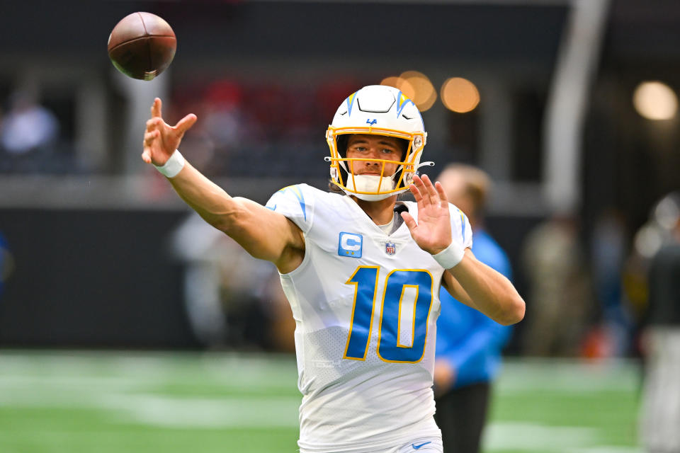 Los Angeles quarterback Justin Herbert (10) has had a struggle in the fantasy season thus far