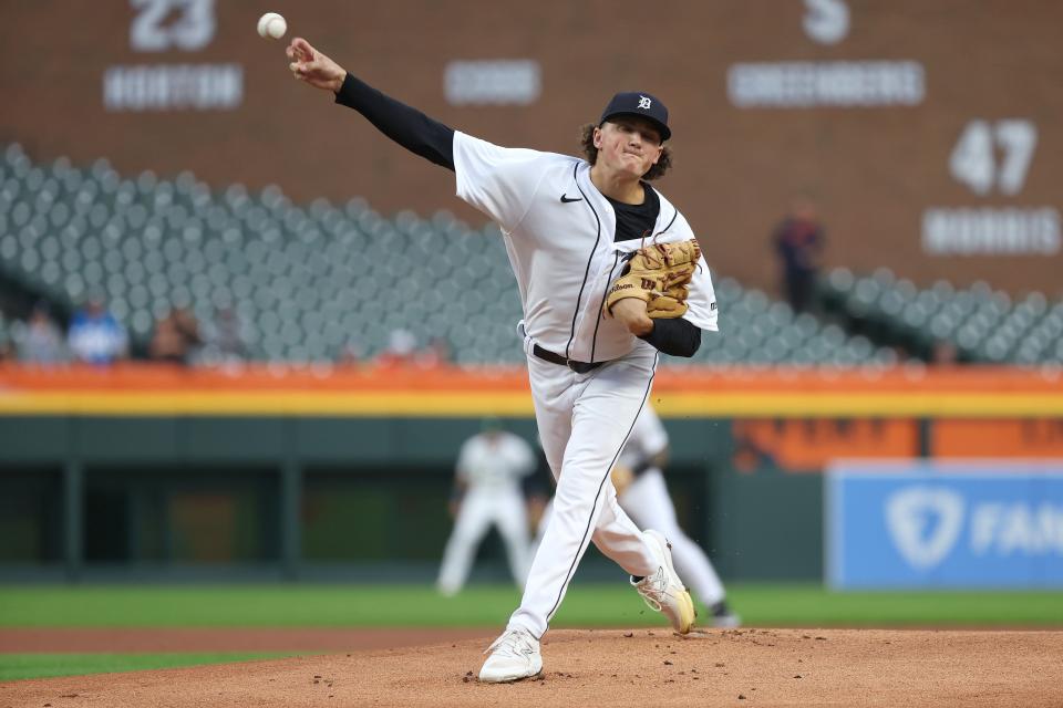 Tigers pitcher Reese Olson throws a pitch against the Royals in the first inning on Tuesday, Sept. 26, 2023, at Comerica Park.