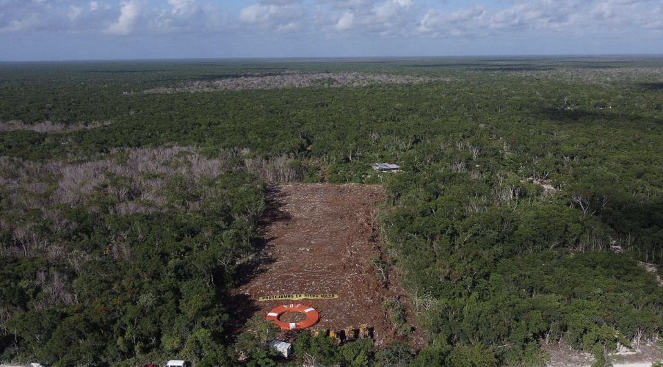 Greenpeace activists protest at a Maya Train construction site with a sign which reads ‘Protect the Mayan Jungle’ (Greenpeace)