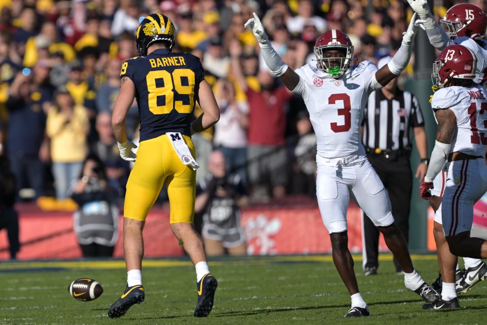 Jan 1, 2024; Pasadena, CA, USA; Alabama Crimson Tide defensive back Terrion Arnold (3) celebrates after an incomplete pass during the first half against the Michigan Wolverines in the 2024 Rose Bowl college football playoff semifinal game at Rose Bowl. Mandatory Credit: Jayne Kamin-Oncea-USA TODAY Sports