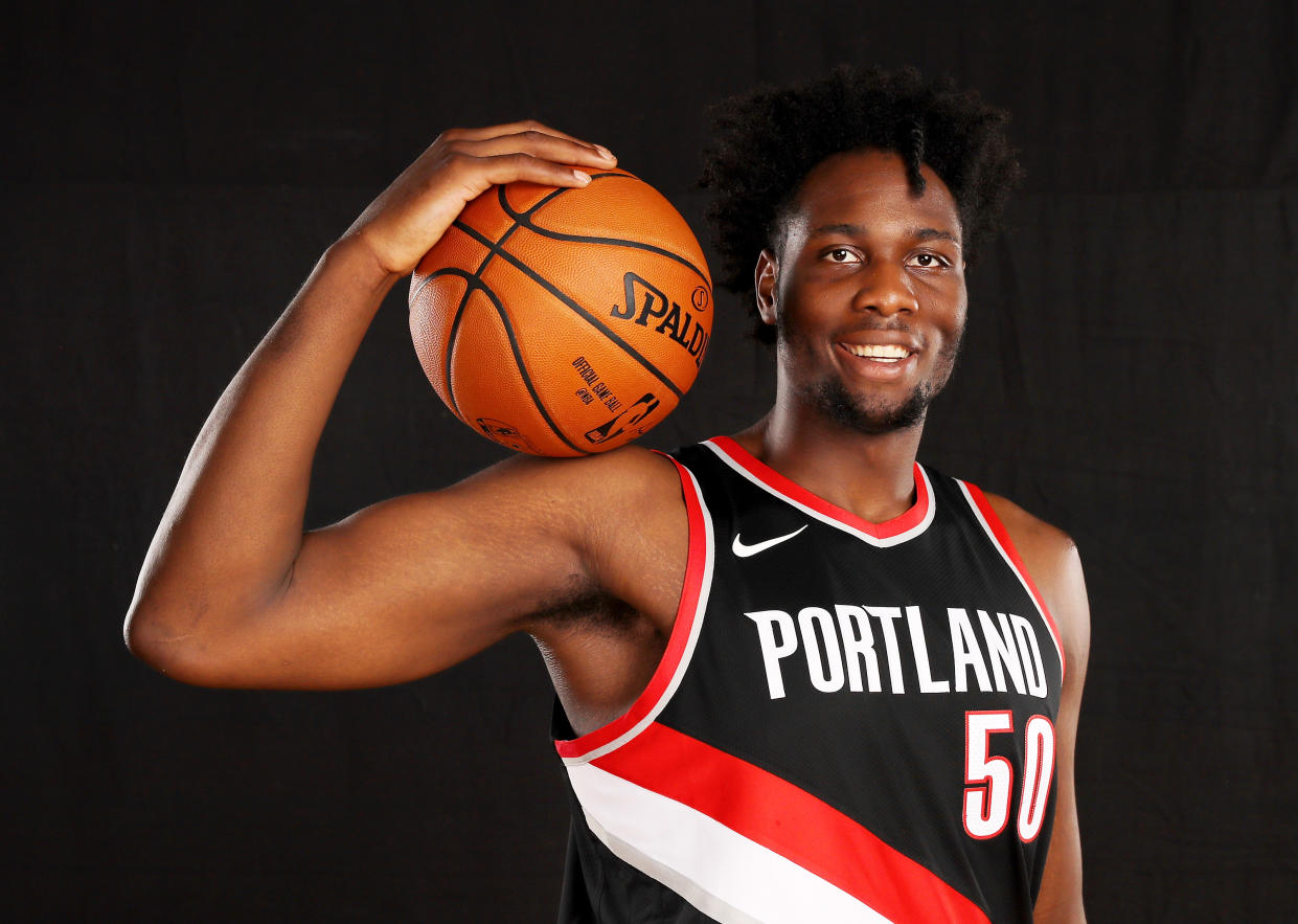 GREENBURGH, NY - AUGUST 11:  Caleb Swanigan of the Portland Trailblazers poses for a portrait during the 2017 NBA Rookie Photo Shoot at MSG Training Center on August 11, 2017 in Greenburgh, New York.   NOTE TO USER: User expressly acknowledges and agrees that, by downloading and or using this photograph, User is consenting to the terms and conditions of the Getty Images License Agreement.  (Photo by Elsa/Getty Images)