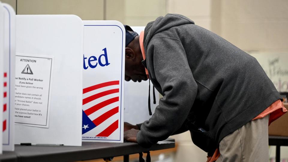 PHOTO: A voter casts their vote at Dunbar Recreation Center on Super Tuesday, March 5, 2024, in Little Rock, Ark. (Will Newton/Getty Images)