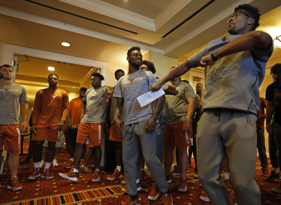 Members of the Texas Longhorns football team dance Saturday Sept. 7, 2019 at the team hotel in Austin, Tx. ( Photo by Edward A. Ornelas )