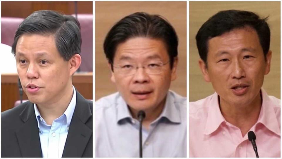 (L-R) Trade and Industry Minister Chan Chun Sing, Education Minister Lawrence Wong, and Transport Minister Ong Ye Kung will assume new ministerial posts. (PHOTO: Yahoo News Singapore/MCI/Gov.sg)