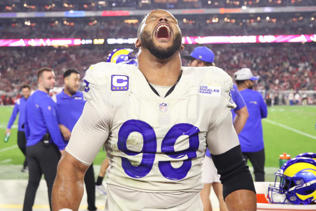 Los Angeles Rams defensive end Aaron Donald during an NFL football training  camp in Irvine, Calif., Tuesday, July 30, 2019. (AP Photo/Kelvin Kuo Stock  Photo - Alamy