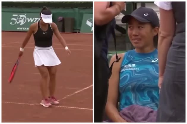 Amarissa Kiara Tóth (left) and Zhang Shuai are pictured during their match Tuesday at the Budapest Grand Prix in Budapest, Hungary.