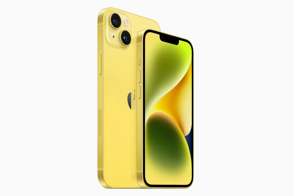 The front and back of a yellow iPhone 14 