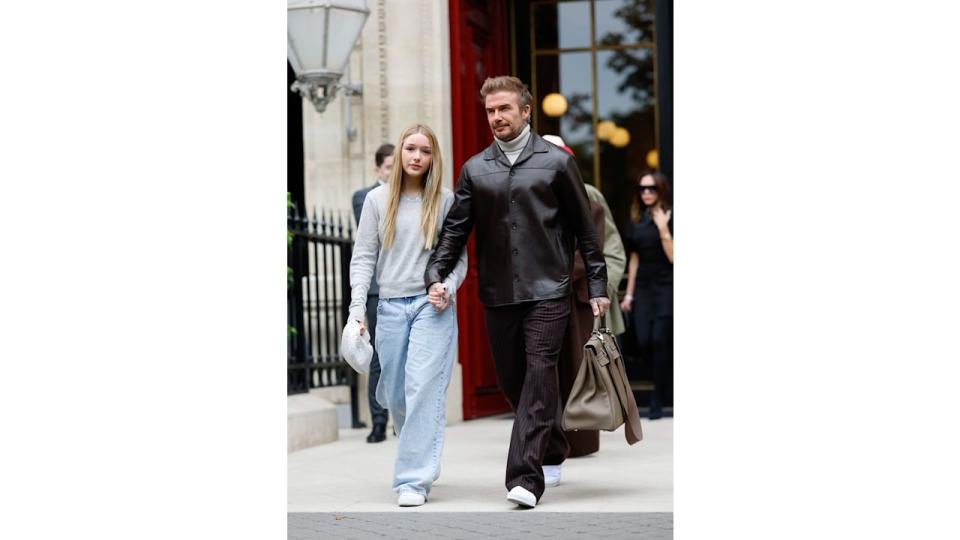 Harper Beckham and David Beckham are seen on September 29, 2024 in Paris, France.