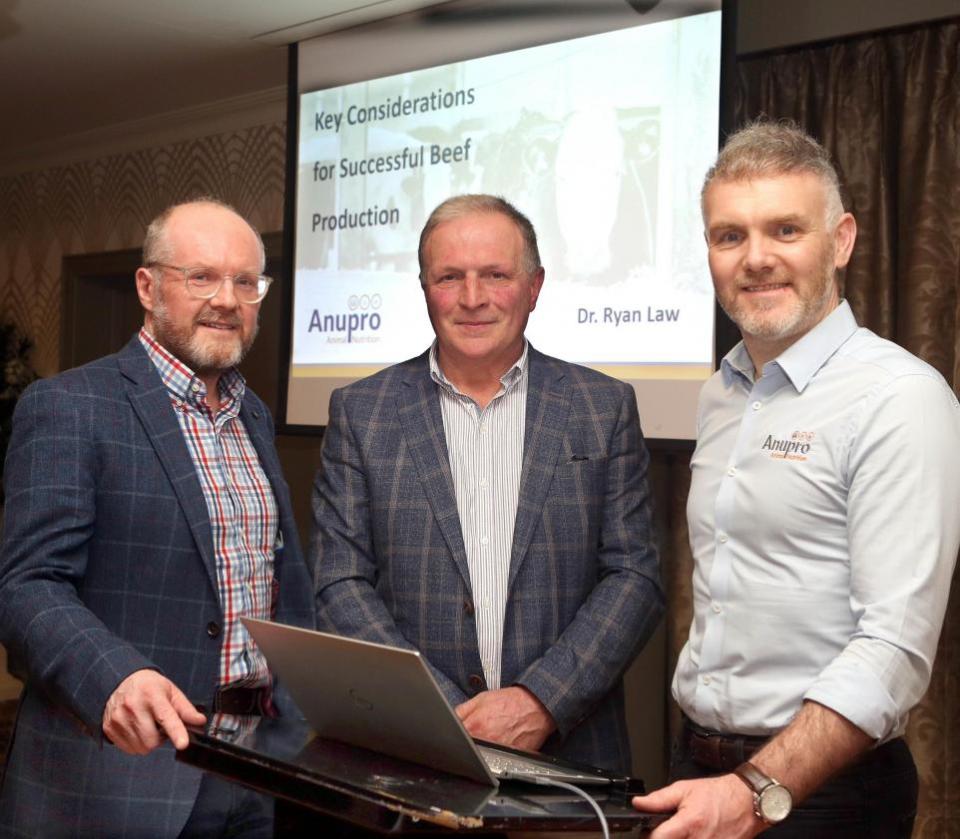 Impartial Reporter: Dr. Ryan Law (right), an animal nutritionist with Anupro, and guest speaker at Fermanagh Grassland Club, with William Johnston, Club Secretary and Robin Clements, Chairman.