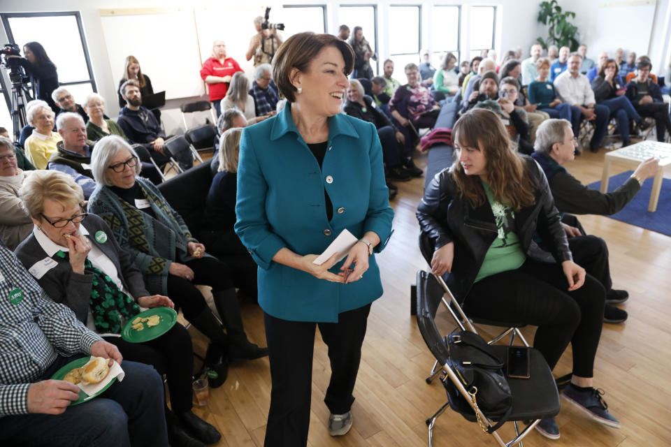 FILE - In this March 17, 2019 file photo, Democratic presidential candidate Sen. Amy Klobuchar, D-Minn., speaks during a meet and greet with local residents in Cedar Rapids, Iowa. Democratic presidential candidate Klobuchar is proposing an infrastructure plan she says will provide $1 trillion to fix roads and bridges, protect against flooding and rebuild schools and other projects. The plan announced Thursday is the first policy proposal from the Minnesota senator since she joined the 2020 race. (AP Photo/Charlie Neibergall, File)