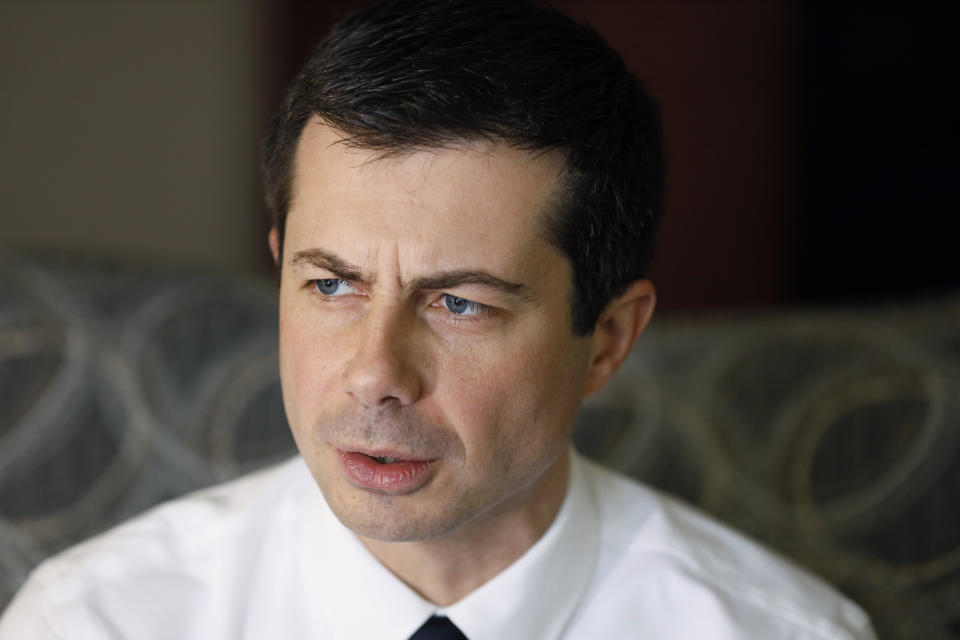 Democratic presidential candidate South Bend, Ind., Mayor Pete Buttigieg speaks during an interview with The Associated Press, Monday, Dec. 30, 2019, in Fort Madison, Iowa. (AP Photo/Charlie Neibergall)