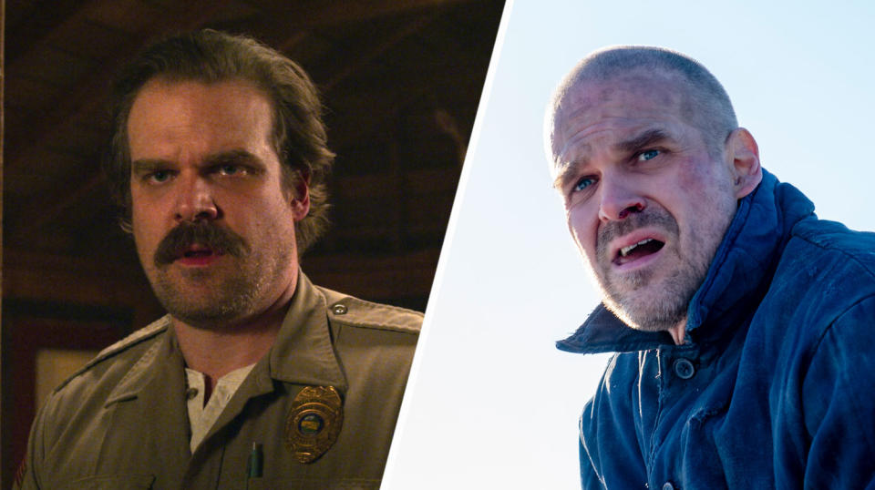 David Harbour in Stranger Things - S3 (L) vs S4 (R). (Netflix)