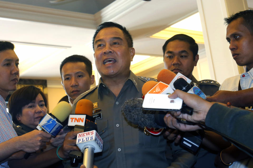 FILE - Thai Police chief Gen. Somyot Poompanmoung talks to reporters before a meeting about Anti Human Trafficking at the police headquarters in Bangkok, Thailand, Friday, May 8, 2015. State prosecutors in Thailand announced Tuesday, Feb. 27, 2024. They will indict a former national police chief on charges of impeding legal action against an heir to the Red Bull energy drink fortune who was accused of killing a Bangkok police officer in a 2012 hit-and-run(AP Photo/Sakchai Lalit, File)