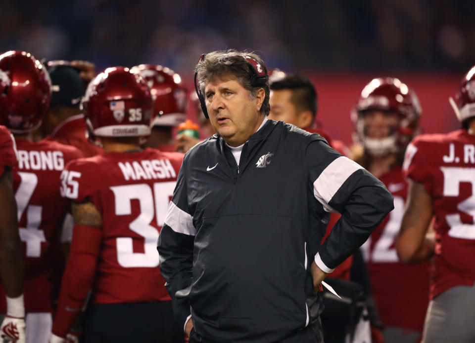 Dec 27, 2019; Phoenix, Arizona, USA; Washington State Cougars head coach Mike Leach reacts against the Air Force Falcons during the first half of the Cheez-It Bowl at Chase Field. Mandatory Credit: Mark J. Rebilas-USA TODAY Sports