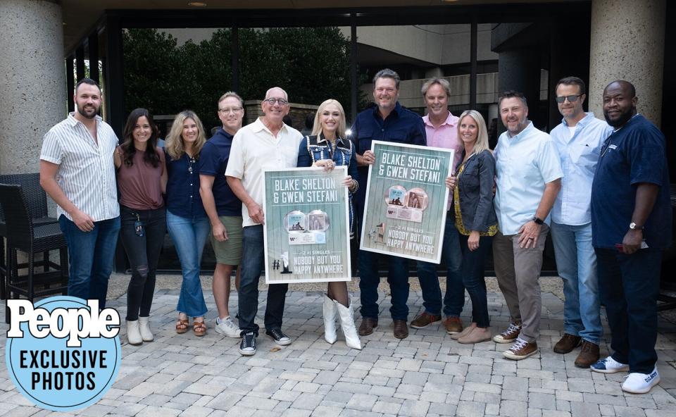 Blake Shelton and Gwen Stefani arrive at BMI in Nashville for a No. 1 party celebrating “Nobody But You” and “Happy Anywhere.”