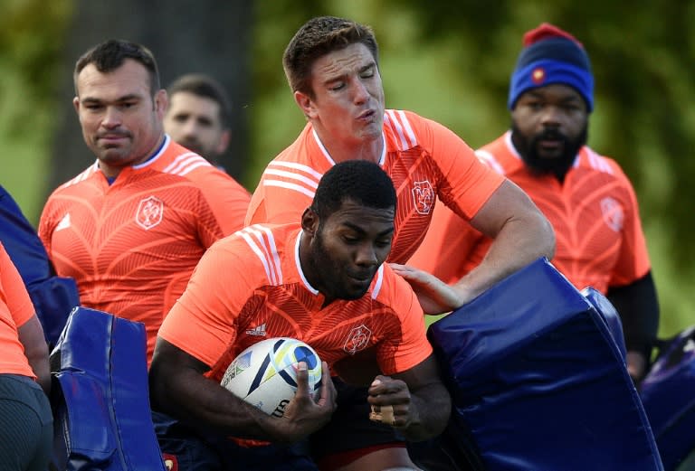 (From L) France's Nicolas Mas, Noa Nakaitaci, Bernard Le Roux and Mathieu Bastareaud take part in a training session at the Vale Resort in Hensol, south Wales, on October 8, 2015, during the Rugby World Cup
