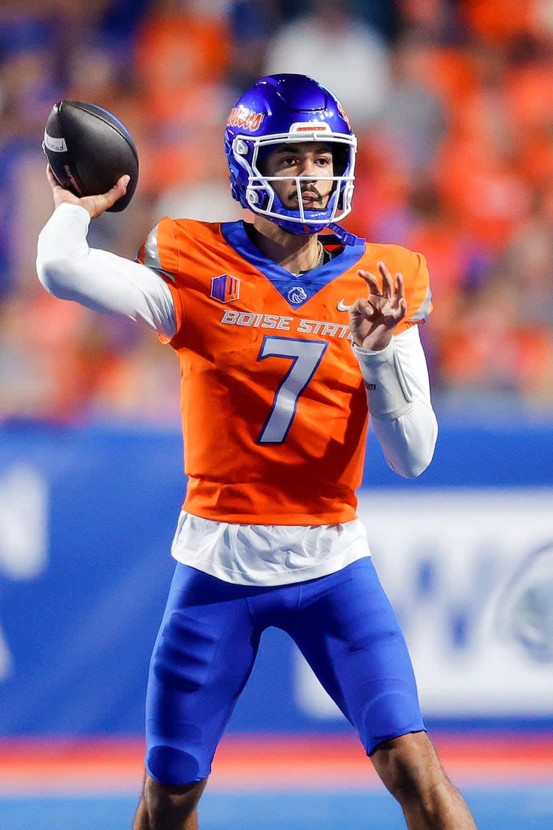 Boise State quarterback Malachi Nelson (7) throws the ball against Utah State in the second half of an NCAA college football game, Saturday, Oct. 5, 2024, in Boise, Idaho. Boise State won 62-30. (AP Photo/Steve Conner) | Steve Conner