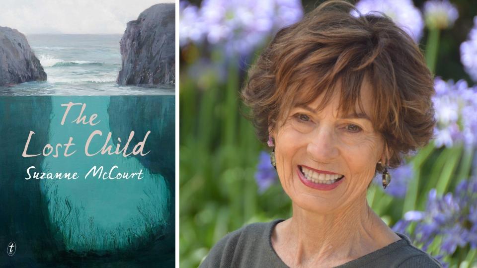 Front cover of book The Lost Child showing ocean and two large rock formations, Suzanne McCourt smiles in front of agapanthus'. 