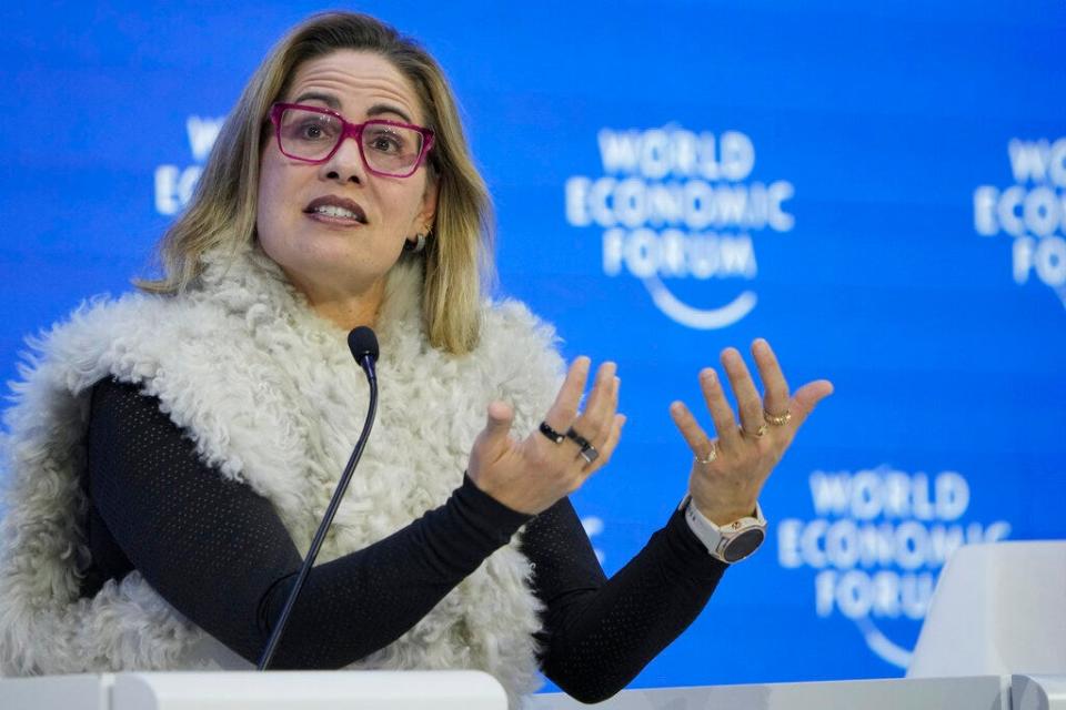 Sen. Kyrsten Sinema, I-Ariz., speaks on a panel at the World Economic Forum in Davos, Switzerland, on Jan. 17, 2023. The annual meeting of the World Economic Forum is taking place in Davos from Jan. 16 until Jan. 20.