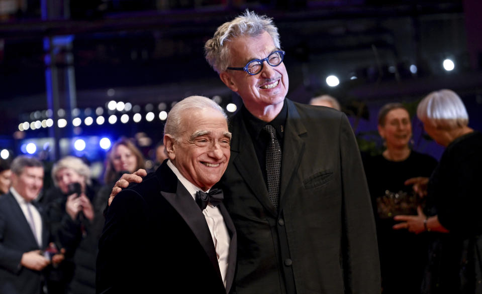 U.S. director Martin Scorsese, left, and Wim Wenders attend the presentation of the Honorary Golden Bear at this year's Berlinale, in Berlin, Tuesday, Feb. 20, 2024. Scorsese received the award for his life's work. The 74th Berlin International Film Festival runs through Feb. 25. (Britta Pedersen/dpa via AP)