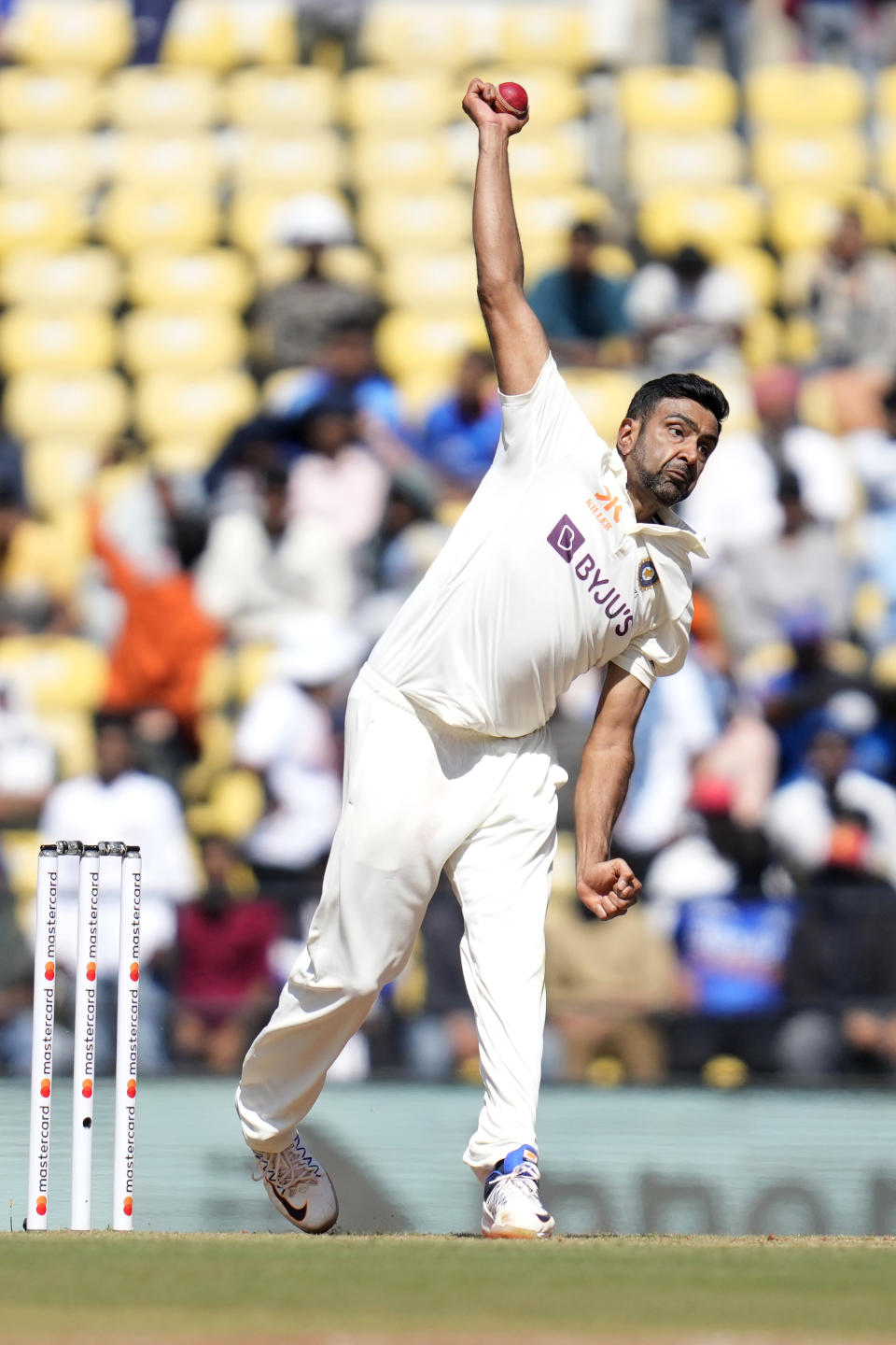 India's Ravichandran Ashwin bowls during the first day of the first cricket test match between India and Australia in Nagpur, India, Thursday, Feb. 9, 2023. (AP Photo/Rafiq Maqbool)