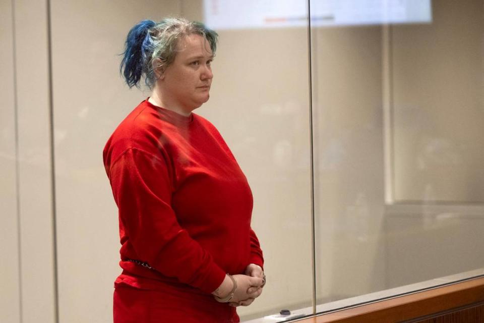 Kimberly Rachel Blakley pleads not guilty during her arraignment Friday Feb. 16, 2024, in Placer Superior Court in Roseville, California.. She and her husband, Cory Blakley, have since been ordered to stand trial in the death of their adopted 9-year-old son.