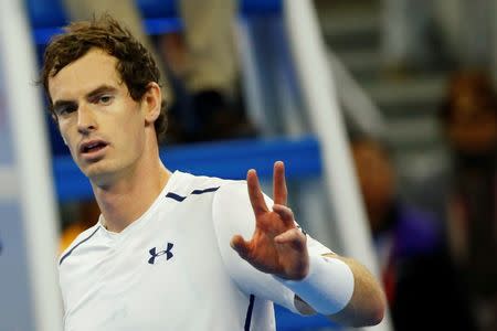 Tennis - China Open men's singles semifinal - Beijing, China - 08/10/16. Britain's Andy Murray gestures after defeating David Ferrer of Spain. REUTERS/Thomas Peter