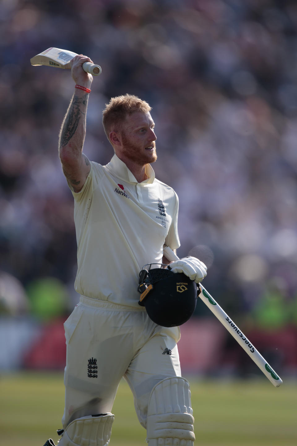 England's Ben Stokes celebrates after scoring the winning runs on the fourth day of the 3rd Ashes Test cricket match between England and Australia at Headingley cricket ground in Leeds, England, Sunday, Aug. 25, 2019. (AP Photo/Jon Super)