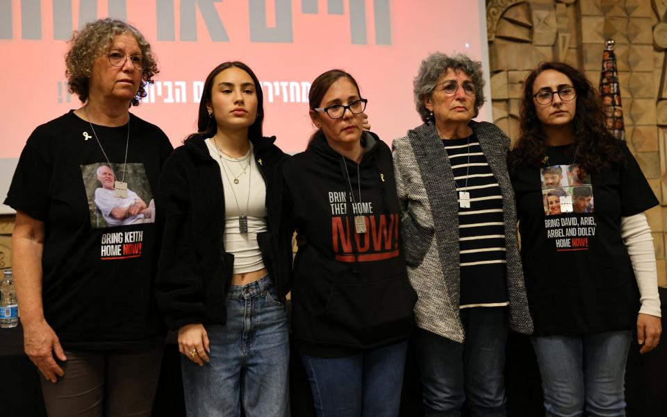 Former hostages Sharon Aloni Cunio, Adina Moshe, Nili Margalit, Sahar Calderon and Aviva Siegel