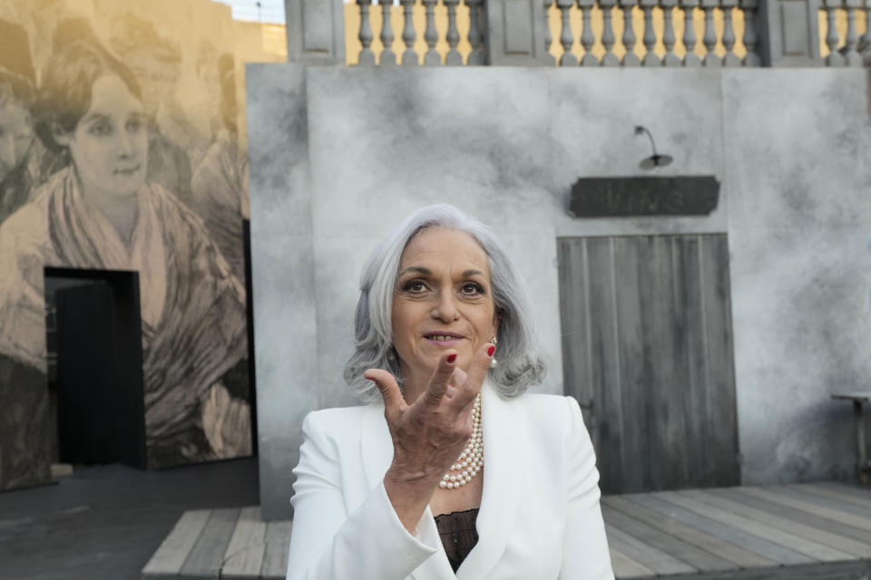 Superintendent Cecilia Gaslia answers to the Associated Press during an interview prior to 'Cavalleria Rusticana' lyric opera, at the Arena di Verona theatre, in Verona, Italy, Friday, June 25, 2021. The Verona Arena amphitheater returns to staging full operas for the first time since the pandemic struck but with one big difference. Gone are the monumental sets that project the scene to even nosebleed seats in the Roman-era amphitheater, replaced by huge LED screens with dynamic, 3D sets that are bringing new technological experiences to the opera world. (AP Photo/Luca Bruno)