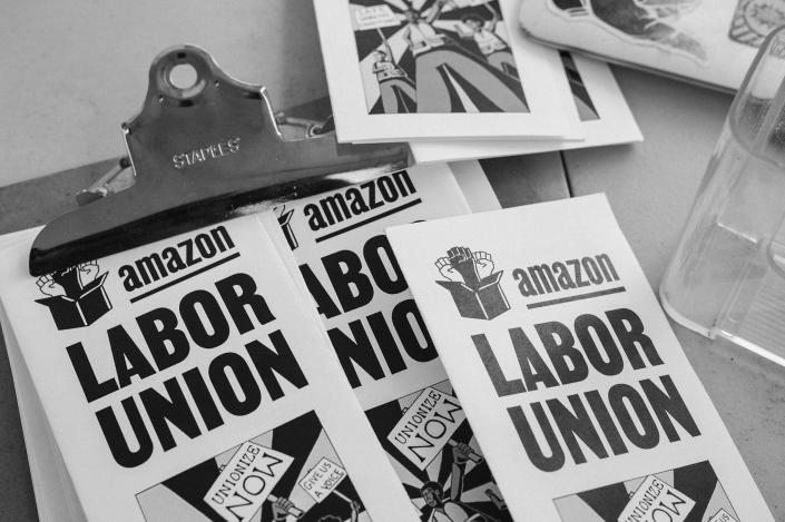 ALU (Amazon Labor Union) Union Drive pamphlets distributed during daily protests outside of the fulfillment center on Staten Island in 2021.<span class="copyright">Stephen Obisanya</span>