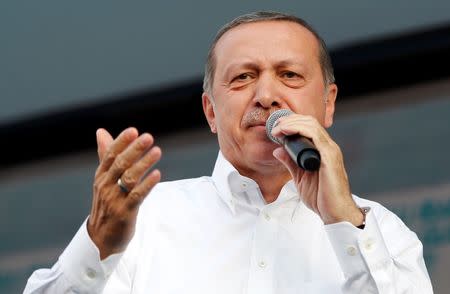 Turkey's Prime Minister and presidential candidate Tayyip Erdogan speaks during an election rally in Diyarbakir, southeast Turkey, July 26, 2014. REUTERS/Umit Bektas