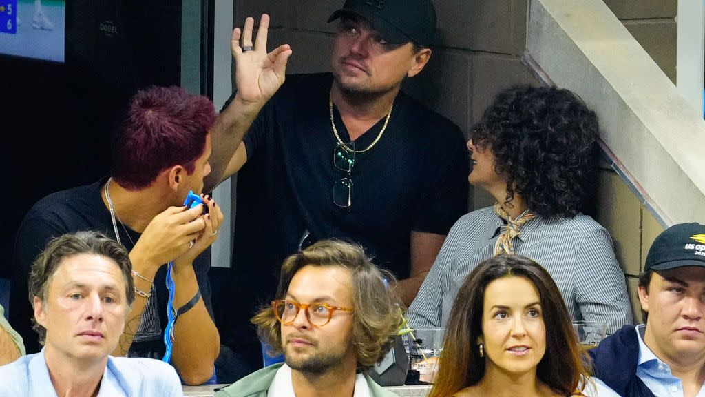 new york, new york september 10 leonardo dicaprio and sara gilbert watch the mens final match between novak djokovic and danill medvedev at the 2023 us open tennis championships on september 10, 2023 in new york city photo by gothamgc images