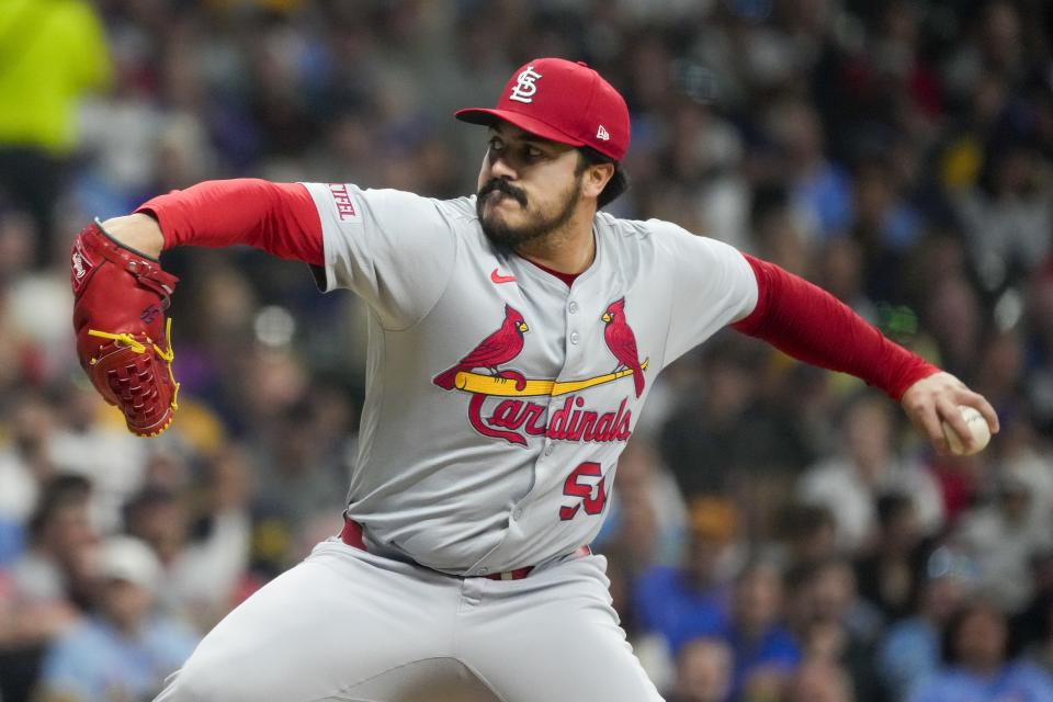 St. Louis Cardinals pitcher JoJo Romero throws during the sixth inning of a baseball game against the Milwaukee Brewers Saturday, May 11, 2024, in Milwaukee. (AP Photo/Morry Gash)