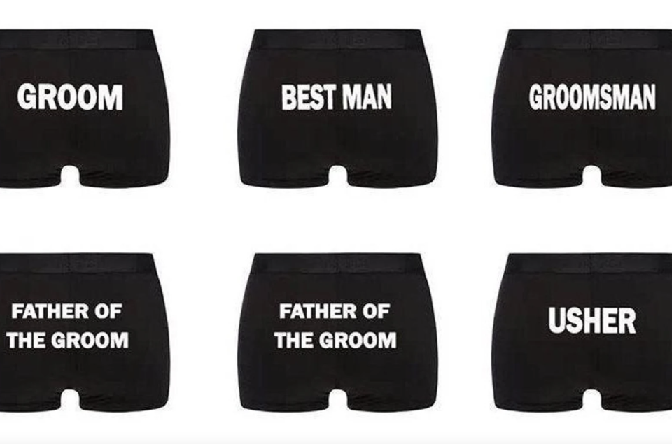 Personalized Underwear in black with white printing, best man, usher, groomsman (Photo via Etsy)