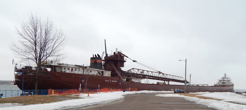 A ship is seen stopped at the Carbide Dock in Sault Ste. Marie.