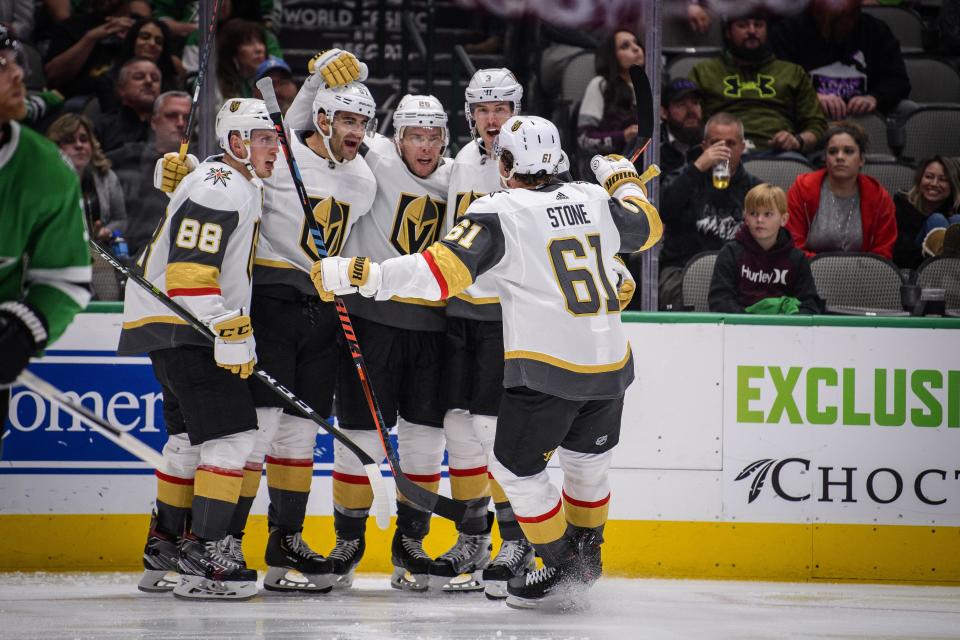 Vegas Golden Knights defenseman Nate Schmidt (88) and left wing Max Pacioretty (67) and center Paul Stastny (26) and defenseman Brayden McNabb (3) and right wing Mark Stone (61) 