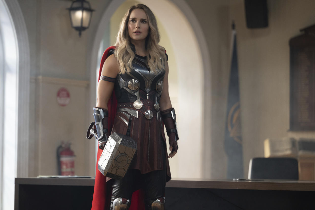 This image released by Marvel Studios shows Natalie Portman in a scene from "Thor: Love and Thunder." (Jasin Boland/Marvel Studios-Disney via AP)