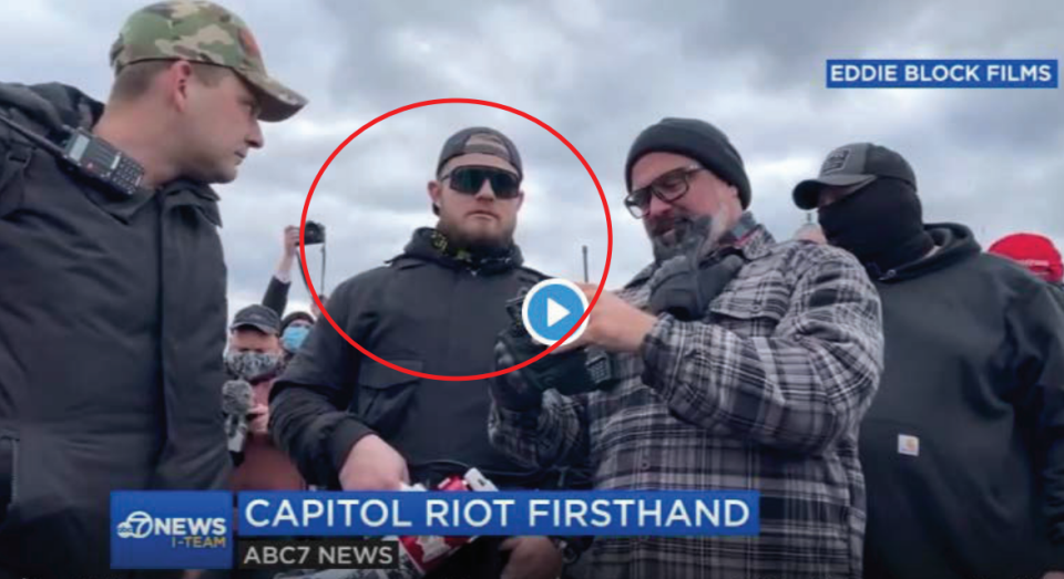 Ethan Nordean, circled in red in this photo the U.S. Department of Justice released from ABC7 News and Eddie Block films, was arrested and charged  with conspiracy and other offenses on Feb. 3 for his participation in the U.S. Capitol riot. Nordean is a self-described officer with the Seattle chapter of the Proud Boys.