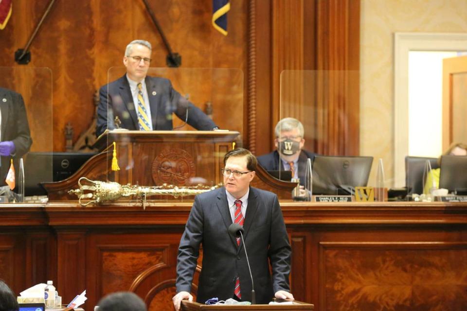 FILE - In this Feb. 18, 2021 file photo, South Carolina Speaker Jay Lucas, R-Hartsville, gives a speech calling for decorum in the House in Columbia, S.C. Lucas sent a letter to his Republican colleagues in the House saying they would all meet as soon as they can to discuss how to fight an order from President Joe Biden ordering all larger businesses have their employees get COVID-19 vaccines or undergo weekly testing. (AP Photo/Jeffrey Collins)