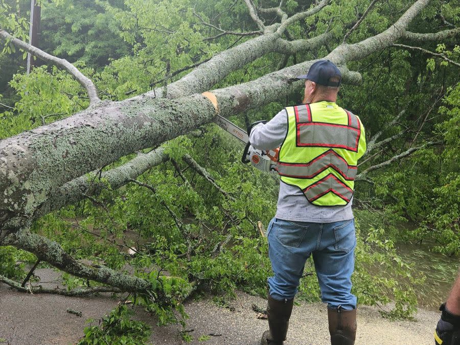 Point Fire Department clearing a fallen tree on CR 4480. Photo courtesy of Point Fire Department.