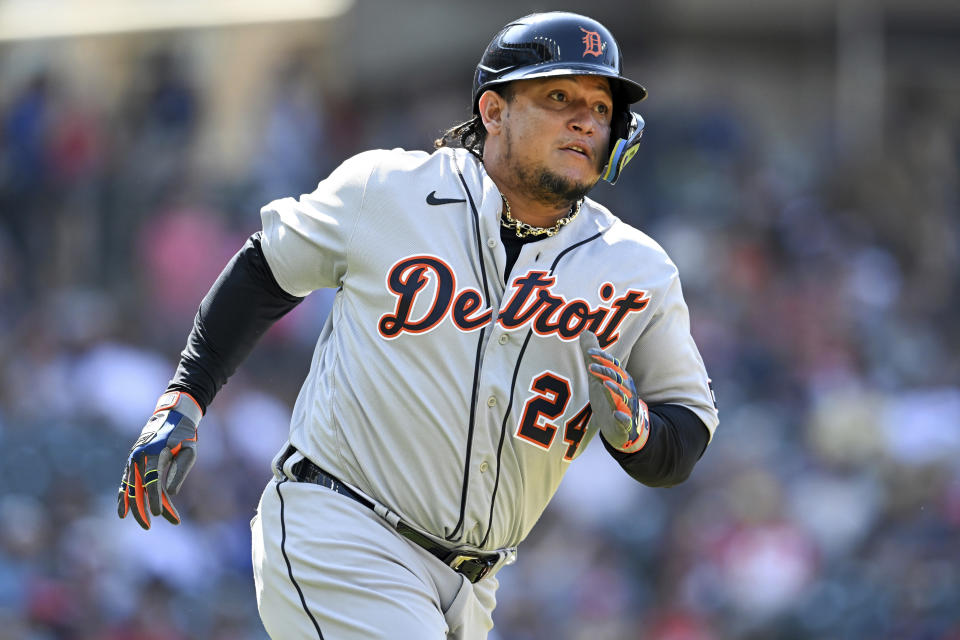 Detroit Tigers' Miguel Cabrera runs after hitting a single during the eighth inning of a baseball game against the Cleveland Guardians, Sunday, Aug. 20, 2023, in Cleveland. (AP Photo/Nick Cammett)