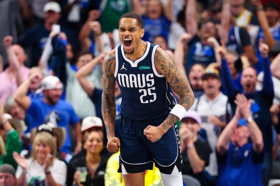 Dallas Mavericks forward P.J. Washington (25) reacts after dunking during the second half against the Oklahoma City Thunder during Game 3.