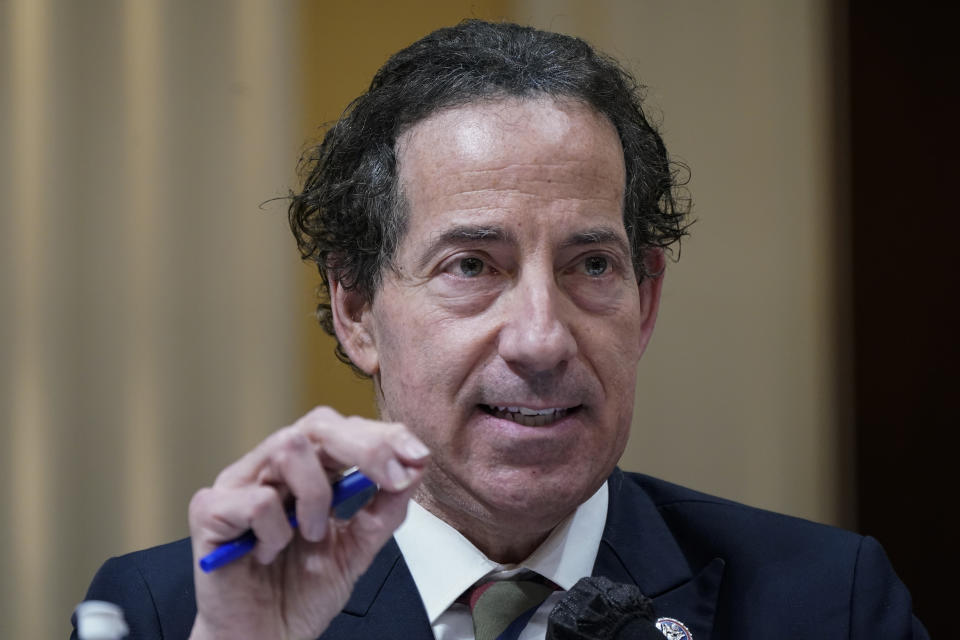 FILE - Rep. Jamie Raskin, D-Md., speaks as the House select committee investigating the Jan. 6 attack on the U.S. Capitol holds a hearing on Capitol Hill in Washington, Oct. 13, 2022. On Monday, Dec. 19, the House committee will make its final case to the American people about the unprecedented effort by former President Donald Trump to overturn the 2020 election and why the Justice Department should pursue criminal charges in connection to it. (AP Photo/Jacquelyn Martin, File)