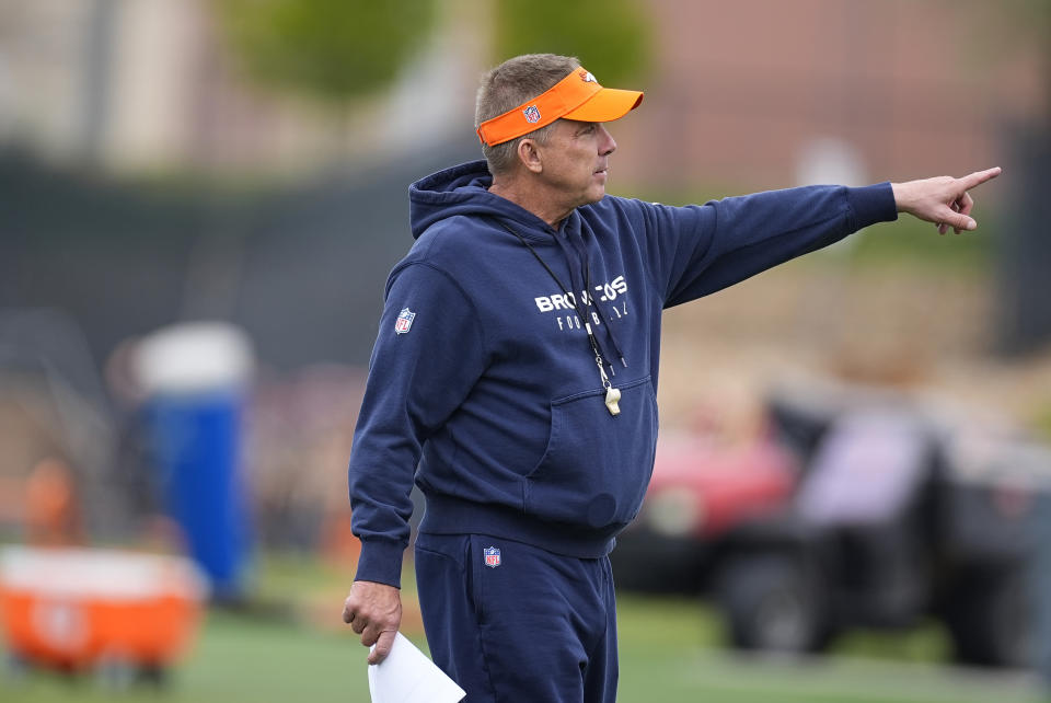 Denver Broncos head coach Sean Payton directs players as they take part in a drill during an NFL football rookie minicamp practice Saturday, May 11, 2024, in Centennial, Colo. (AP Photo/David Zalubowski)