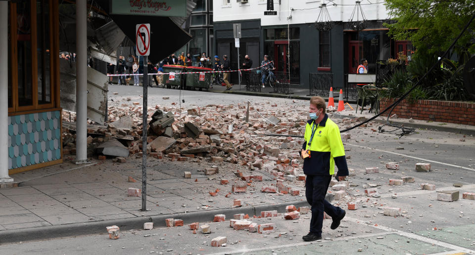 Damage to the exterior of Betty's Burgers on Chapel Street in Windsor following an earthquake, Melbourne. Source: AAP