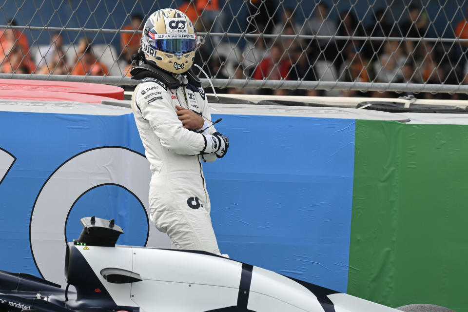 ZANDVOORT, NETHERLANDS - AUGUST 25: Daniel Ricciardo of Australia and Scuderia Alpha Tauri after crashing during Free Practice 2 during practice ahead of the F1 Grand Prix of The Netherlands at Circuit Park Zandvoort on August 25, 2023 in Zandvoort, Netherlands. (Photo by Vince Mignott/MB Media/Getty Images)