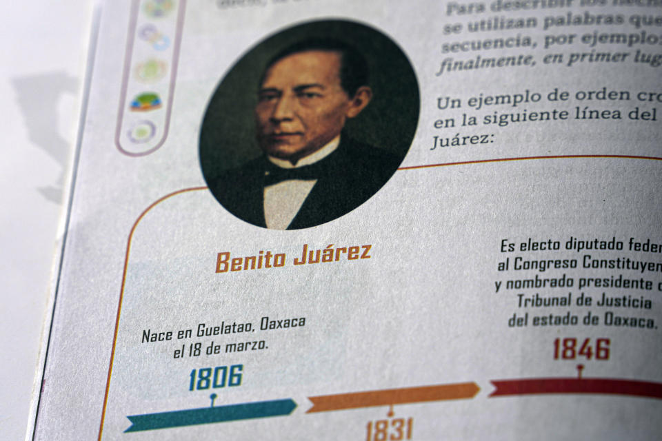 A copy of a new, government-written fourth-grade textbook has the wrong date for the birth of Mexico's late President Benito Juarez, in Mexico City, Friday, Aug. 4, 2023. There are some errors in a series of about three dozen government-written, free textbooks: one grade-school geography lesson mislabels two of Mexico’s 32 states on a map, another suggested ¾ is greater than ⅚ and shows an incorrect date of birth of the national hero Benito Juárez. Yet another diagram suggests Mars is closer to the Sun than the Earth is. (AP Photo/Fernando Llano)