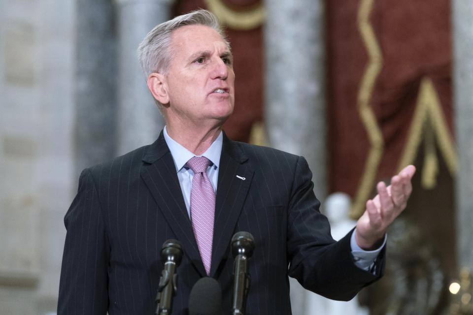 FILE - Speaker of the House Kevin McCarthy, R-Calif., speaks during a news conference in Statuary Hall at the Capitol in Washington, Jan. 12, 2023. McCarthy has emphasized the total debt size when calling for President Joe Biden to hold negotiations on spending cuts. His argument is that Biden funded $1.9 trillion in coronavirus aid through debt, which contributed to the inflation that now threatens the economy. (AP Photo/Jose Luis Magana, File)