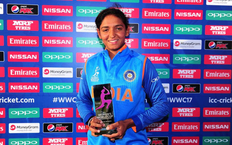 Harmanpreet Kaur of India poses with the player of the match award  - 2017 IDI